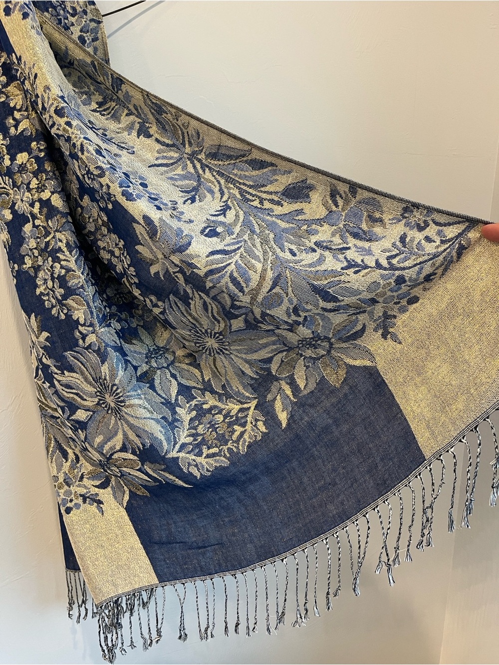 Pashmina and silk blue gold scarf